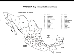 [ai] A black and white map of Mexico showing different states, labeled with numbers and names. The legend lists the key corresponding to each state. Geographic features like the Pacific Ocean and neighboring countries are also indicated.